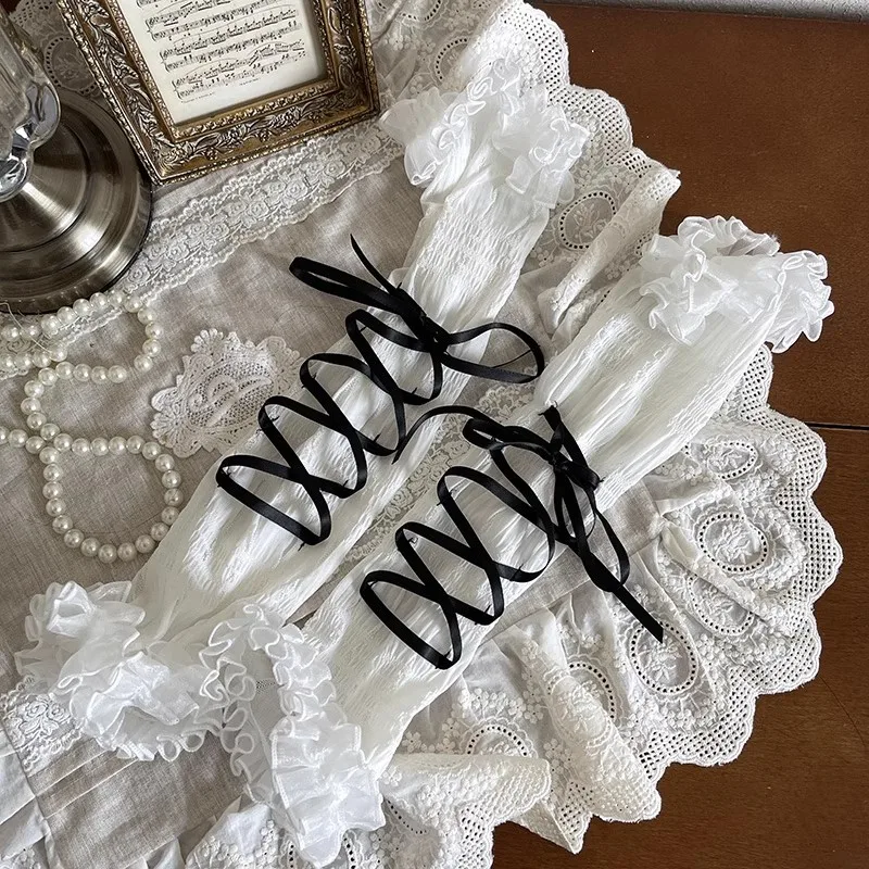 Japanese Y2K Harajuku Ballet Bow Tie Gloves Subculture Mesh Pleated Lace Sleeves Lolita Sweet JK Maid Long Cuff Gloves - Image 4