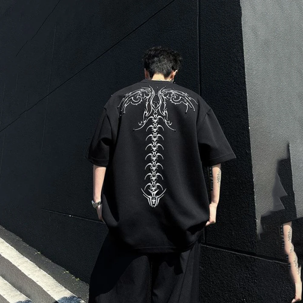 Summer New Men's Spine Embroidered Short-Sleeved T-Shirt American Fashion Retro Trend Street Hip-Hop Niche Loose Men's Tops - Image 5