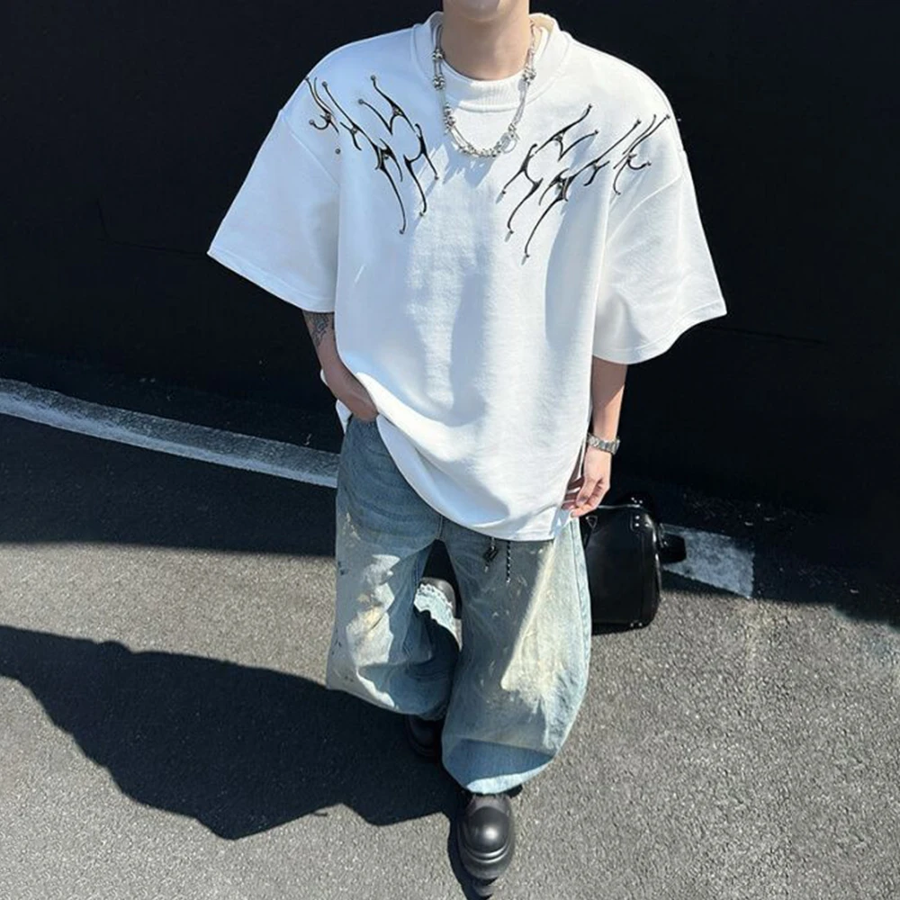 Summer New Men's Spine Embroidered Short-Sleeved T-Shirt American Fashion Retro Trend Street Hip-Hop Niche Loose Men's Tops - Image 3