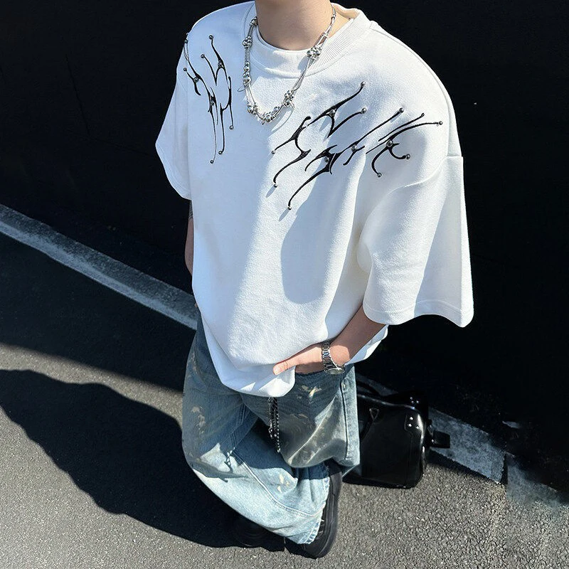 Summer New Men's Spine Embroidered Short-Sleeved T-Shirt American Fashion Retro Trend Street Hip-Hop Niche Loose Men's Tops - Image 2