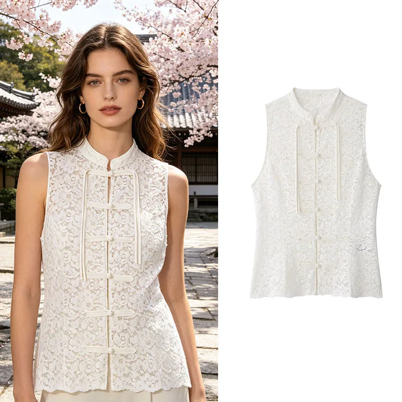 2026 Summer Sleeveless Shirt Vintage Vest Sexy Front Hollow Rope Buckle Vest Women's Floral Lace Stand Collar Short Top