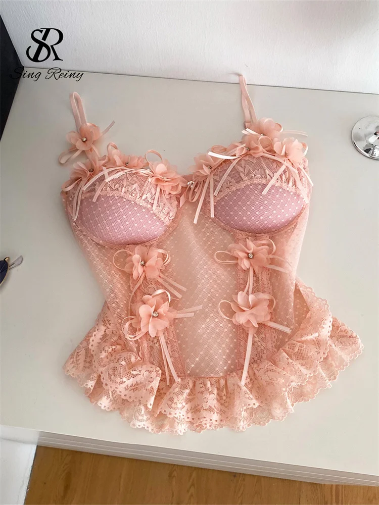 SINGREINY 3D Floral Lace Camisole 2026 Fairycore Aesthetic Slim Splice Beading Tank Top Summer Women Sheer Sensual Vacation Tops