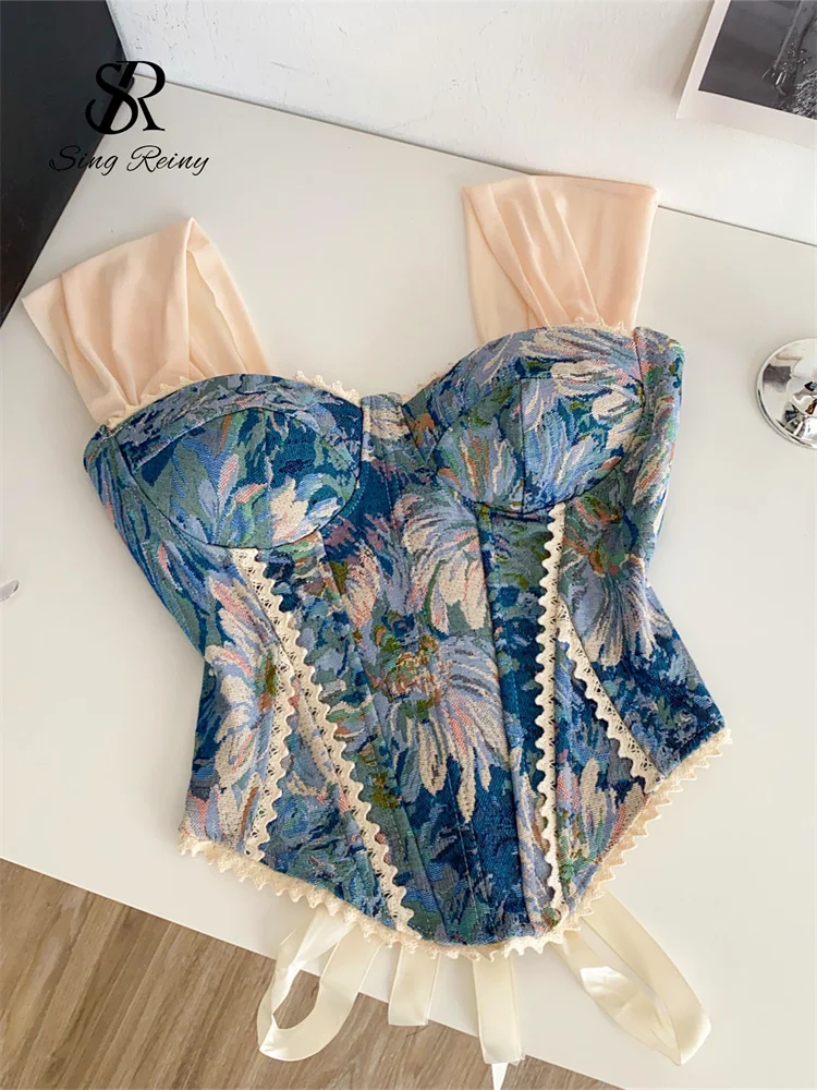 SINGREINY American Retro Print Evening Camisole Female Strap Lace Spliced Slim Top 2025 Streetwear Floral Vintage Beach Tank Top
