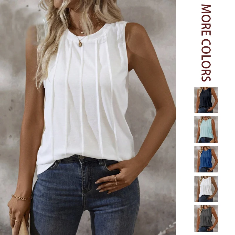 2026 Spring/Summer New Pure Color Round Neck Wrinkle Knit Vest for Women; In Stock