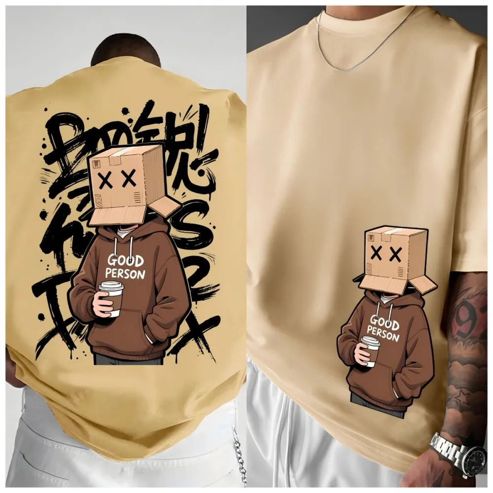 American Summer Men's Cartoon Character Letter Graffiti Print Comfortable and Breathable Round Neck T-shirt Outdoor Street Top
