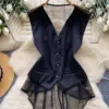 SINGREINY Backless Sexy Tank Vest Sleeveless Single Breasted V Neck Spliced Lace Skinny Sheer Irregular Summer Women Design Tops