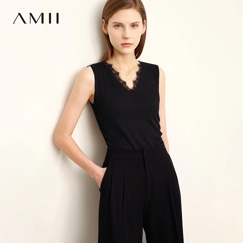 Amii Women's Tank Top 2026 Summer New Lace Trim V-Neck Knit Sleeveless Vest Slim Fit Casual Layering Cami For Women 12612031