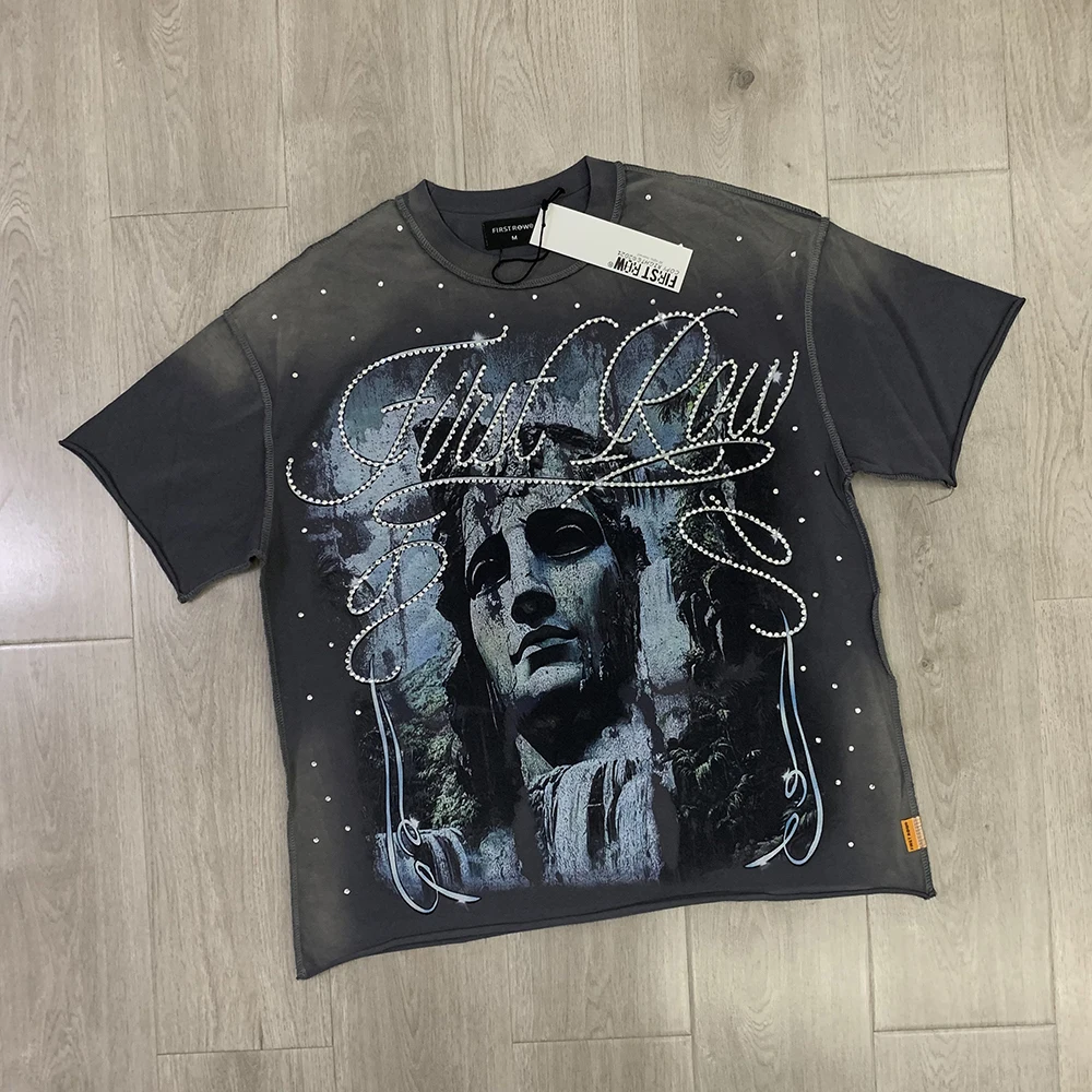 Streetwear Vintage Washed Diamond Cropped Tee for Men Crew Neck Short Sleeve Loose Cotton Rhineston Tshirts Oversized