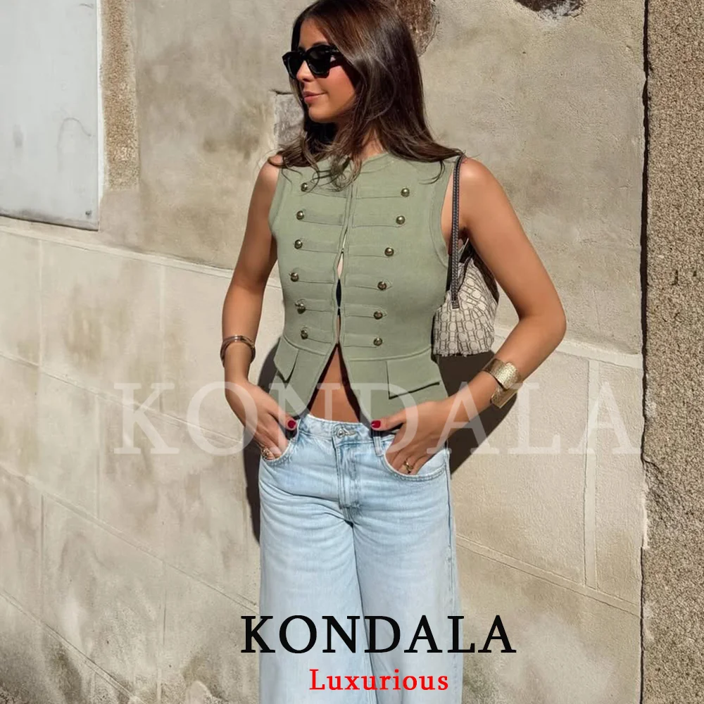 KONDALA Vintage Casual Chic Women Vest Green Solid O-Neck Single Breasted Knitted Sheath Vest New Fashion 2026 Summer Slim Vest