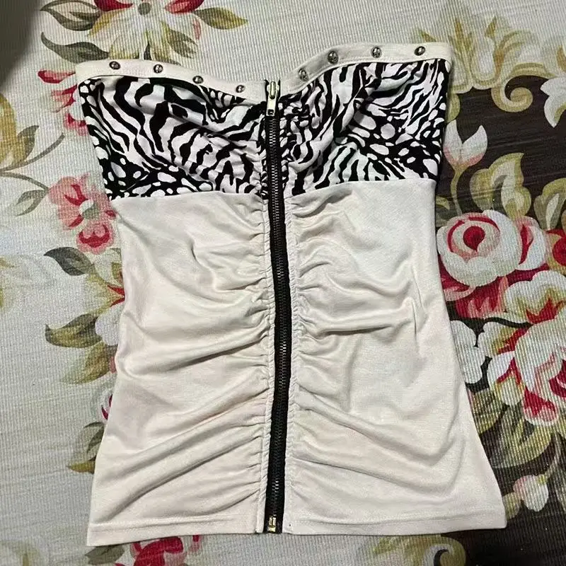Retro Hottie Slim Strapless Vests American Subculture Leopard Stitching Tanks Tops Punk Harajuku Zipper Design Women's Sexy Vest