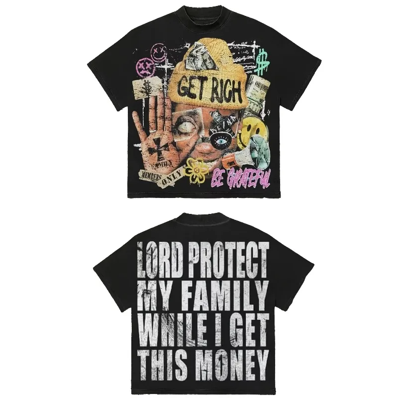 Men's Y2K pattern T-shirt "Get Rich and God Bless Your Family" slogan street style short-sleeved shirt bold money summer top
