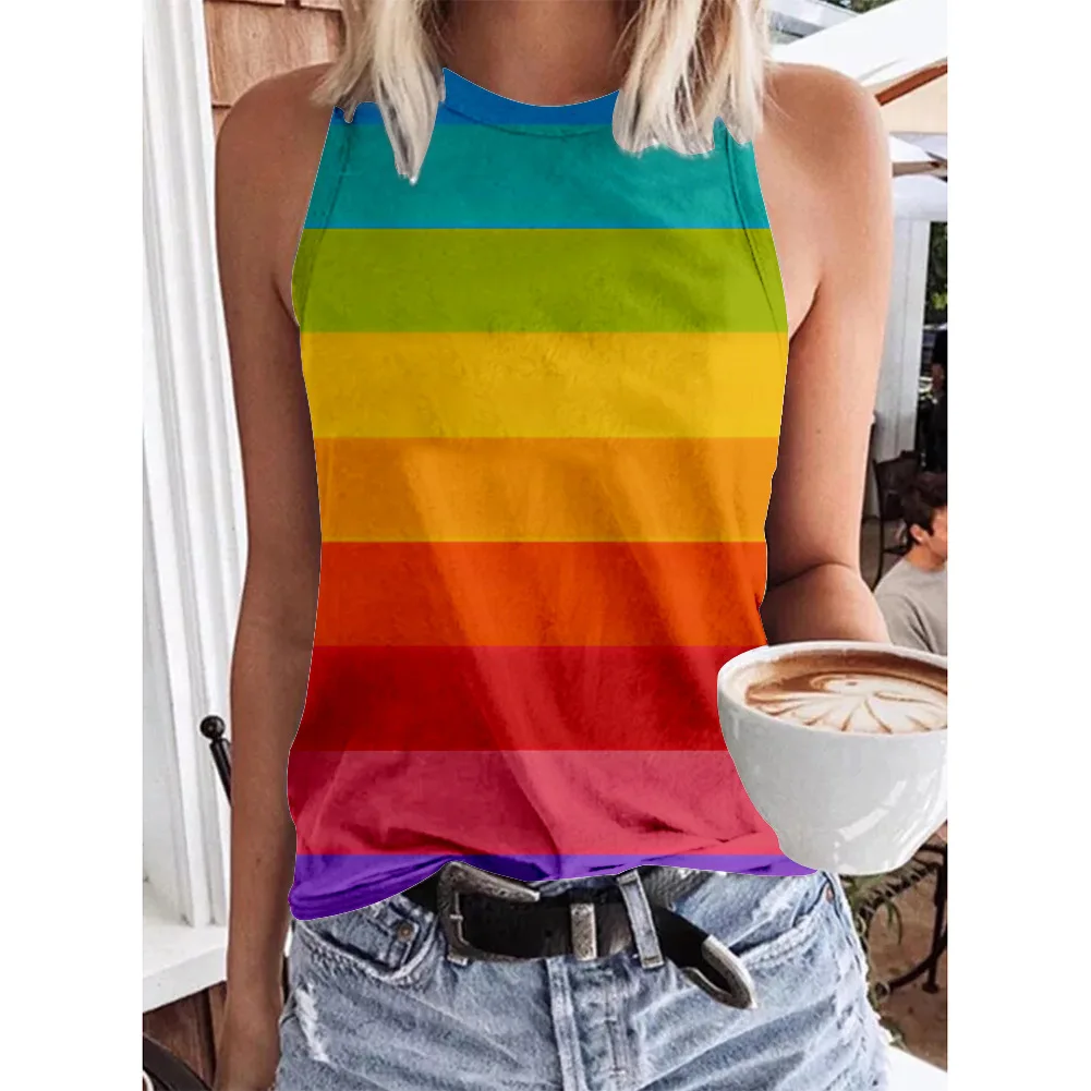 Fashion Geometric Rainbow 3D Print Tank Tops Summer Women O-Neck Casual Vest Off Shoulder Y2k Sleeveless Camisole Woman Clothing