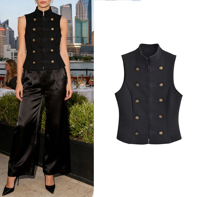 2026 Elegant Fashion Sleeveless Top Women's Vest Top With Buttons Black Jacket Women's Street Fashion Stylish Vest Top