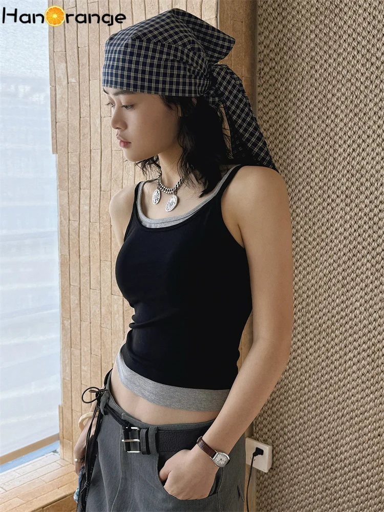 HanOrange 2026 Spring/Summer Double Shoulder Straps Camis Women Back Hollow Top Black/Gray/Navy Blue/Coffee/Sauce Purple