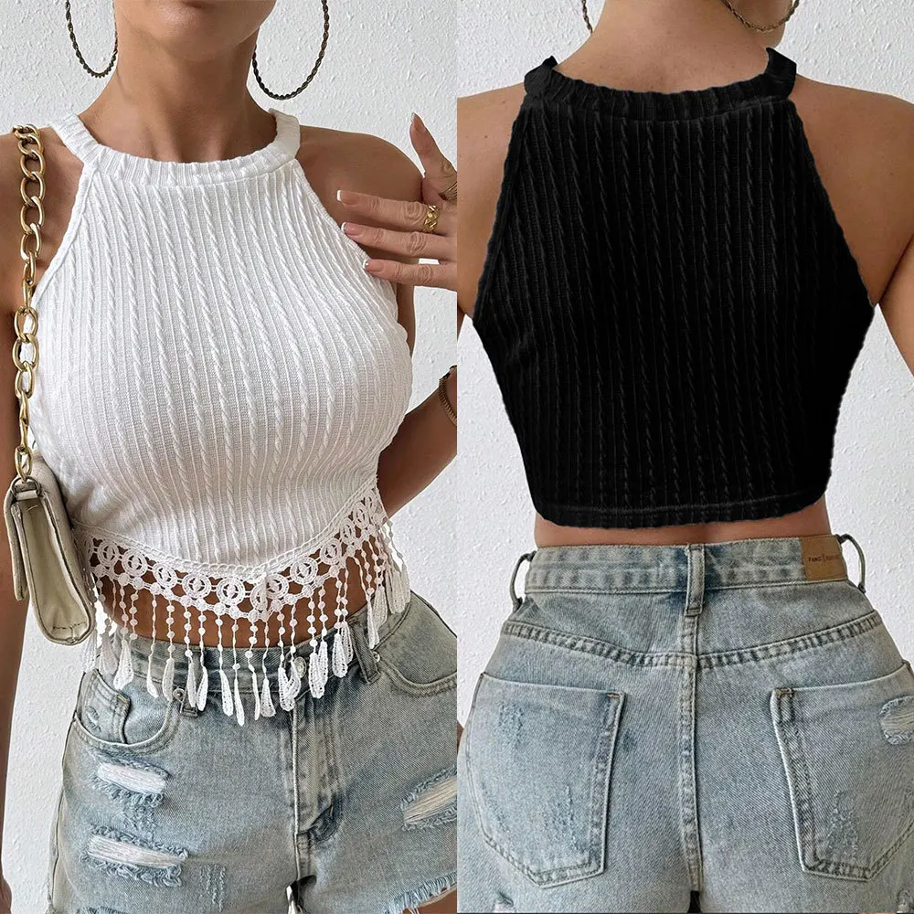 2026 Spring/Summer New Fashion Versatile Women's Elegant Hemp Pattern Textured Fringe Short-Length Fitted Slimming Crop Top Vest