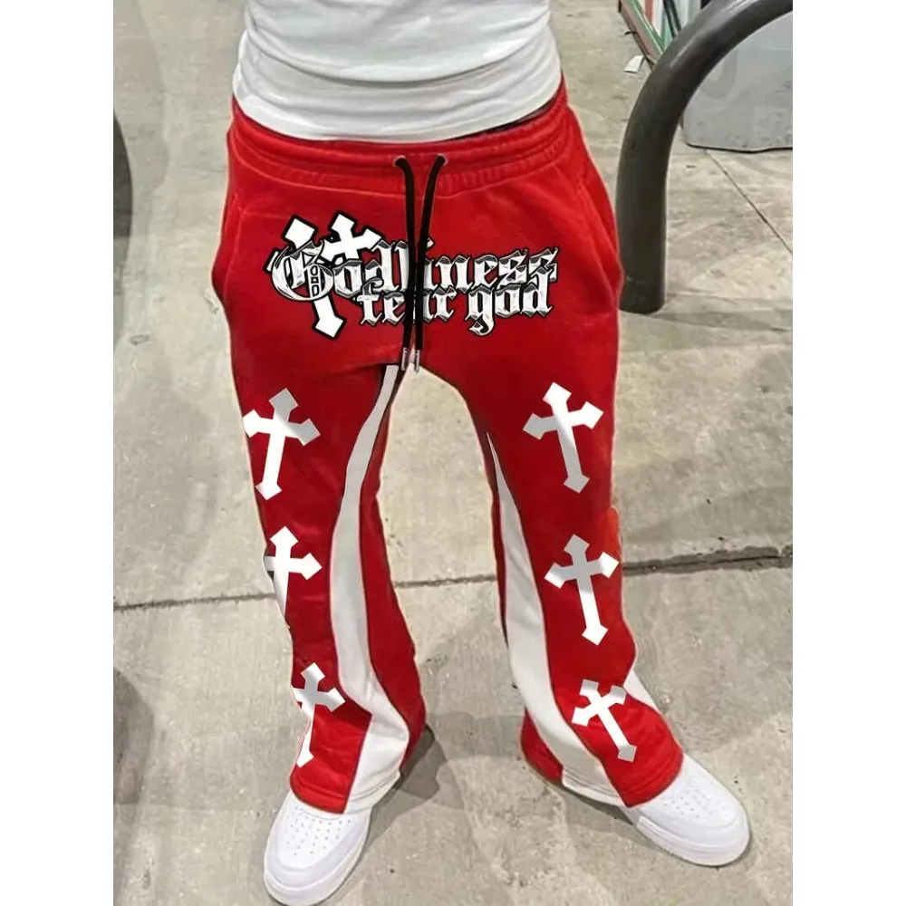 Men's Casual Street Style Trendy Cross Print Fashionable Slightly Flared Black and White Color-Block Design Sweatpants Men Pants
