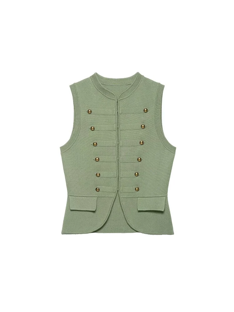 Women Knitting Tank Tops Camis 2026 Summer O-Neck Buttons Solid Sleeveless Female Elegant Street Top Clothing