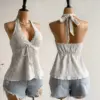 Ladies' Summer V-neck Lace Neck Strap Off Shoulder Leisure Vacation Easter Beach Wear Music Festival Top