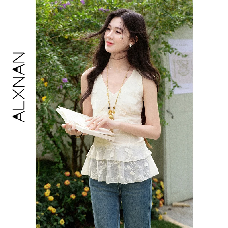 ALXNAN Lace Tank Tops 2026 Spring Summer Apricot V-neck Waist Cinched Embroidered Women's Tank Top Elegant Sleeveless Top L61217