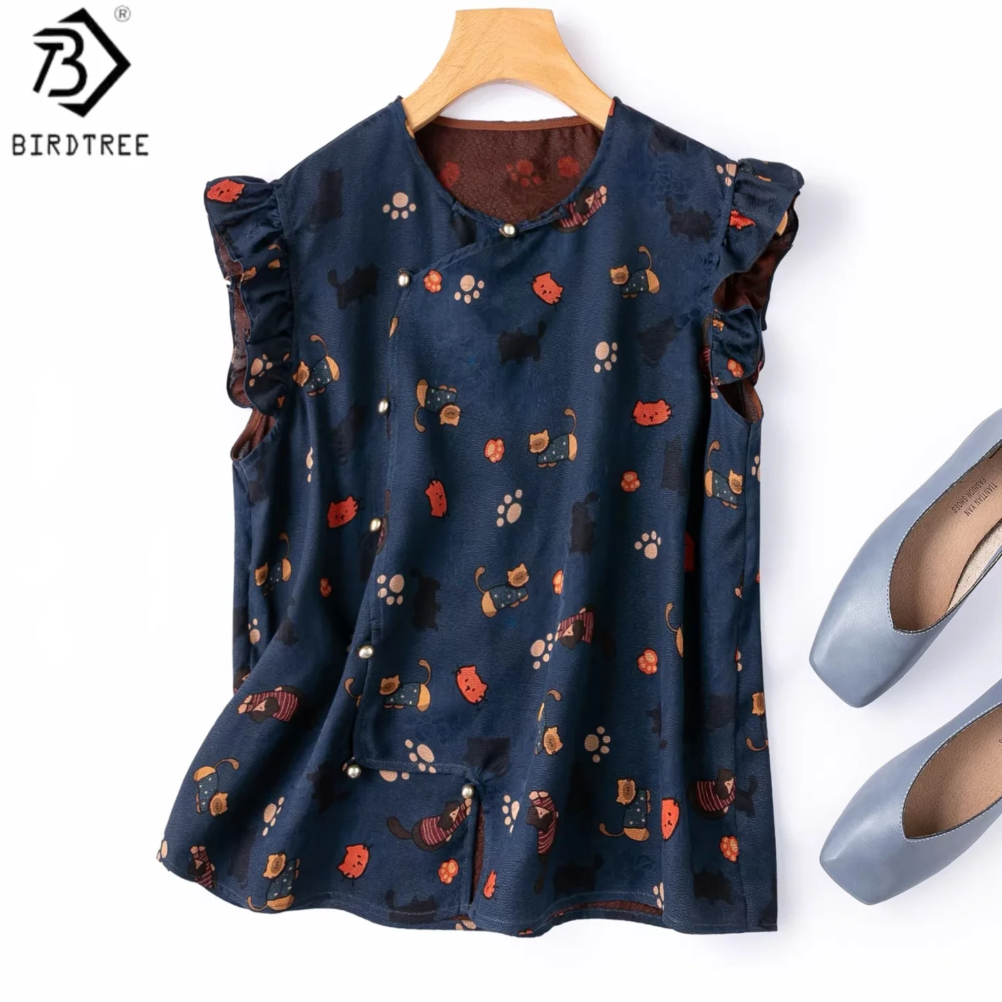 Birdtree, 100% Real Silk Jacquard Tank Top, Breathable Print Vest, Women's O-neck Xiangyunsha Camisole, 2026 Summer New T64716JF