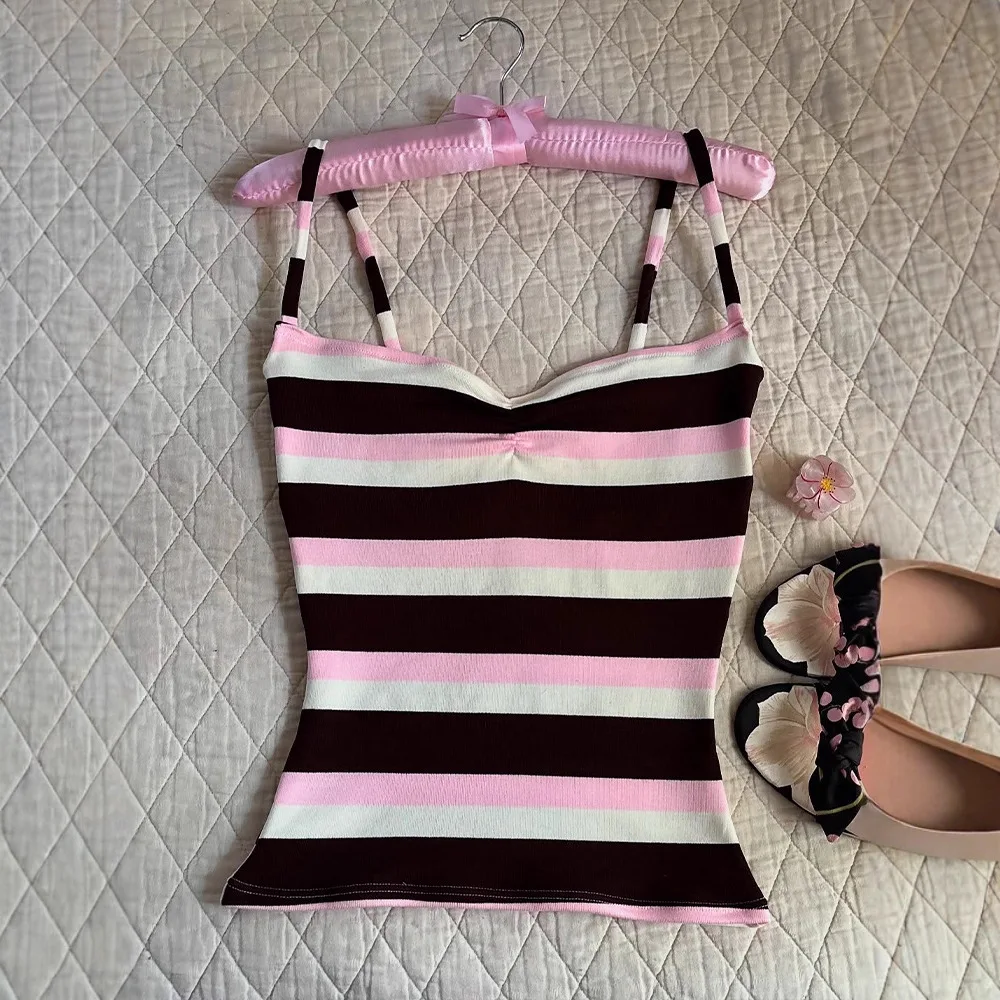 Pink Brown Stripe Tank Top Women 2026 Sweetheart Neck & Ruched Detail Double Strap Slim Fit Crop Y2K Aesthetic Streetwear