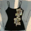Summer Tanks Women's Clothing 2026 Beading Sweet Floral Tees Temperament Tops Chic Sexy Camis Ropa Mujer Tunic Black Crop Vest