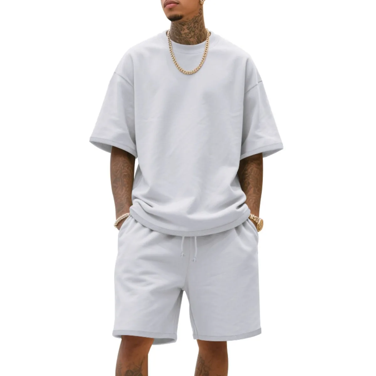 2025 100% Cotton Men's Summer American-Style Loose High Street Hip-Hop Sport Short-Sleeved Set with Shorts