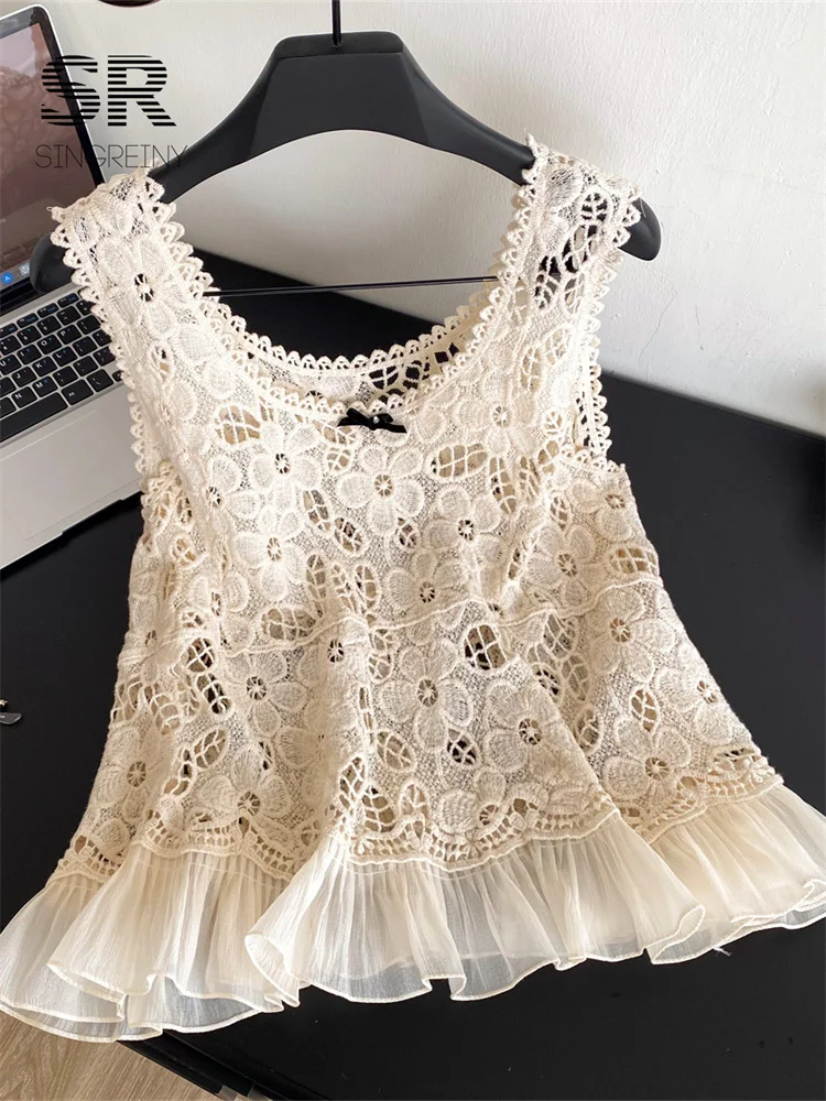 SINGREINY Bohemian Summer Tank Top Women O Neck Splice Ruffle Hollow Out Sleeveless Camisole Embroidery Holiday Loose Casual Top