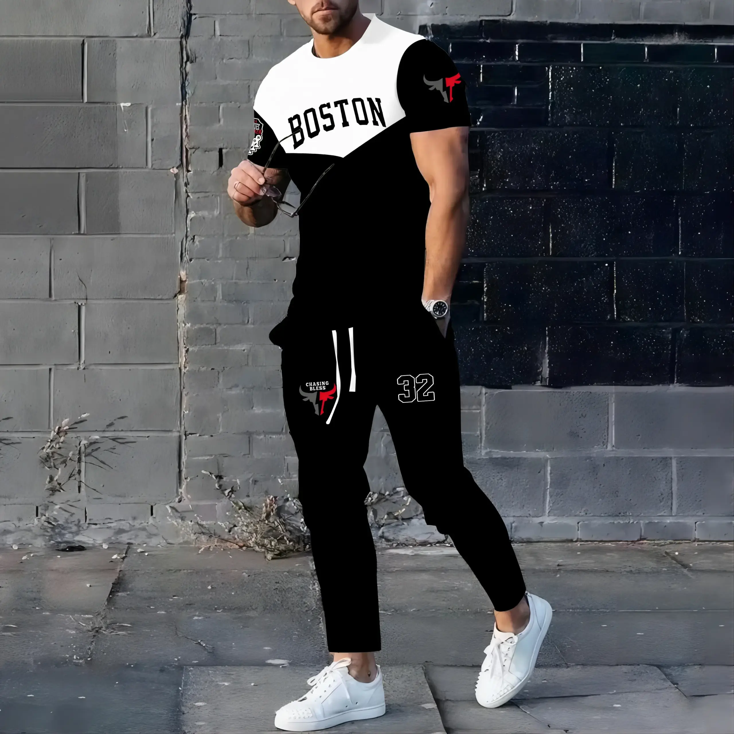 Men's 2025 Summer Splicing Letter 3D Printed Pattern Breathable Quick Drying Top Trendy Soft Top Street Round Neck T-shirt Set - Image 6