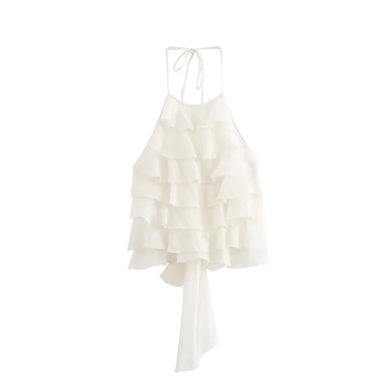 Women’s Summer Vacation Halter Neck Tie Short Top Backless Layered Ruffles Comfortable Sexy Beach Outfit