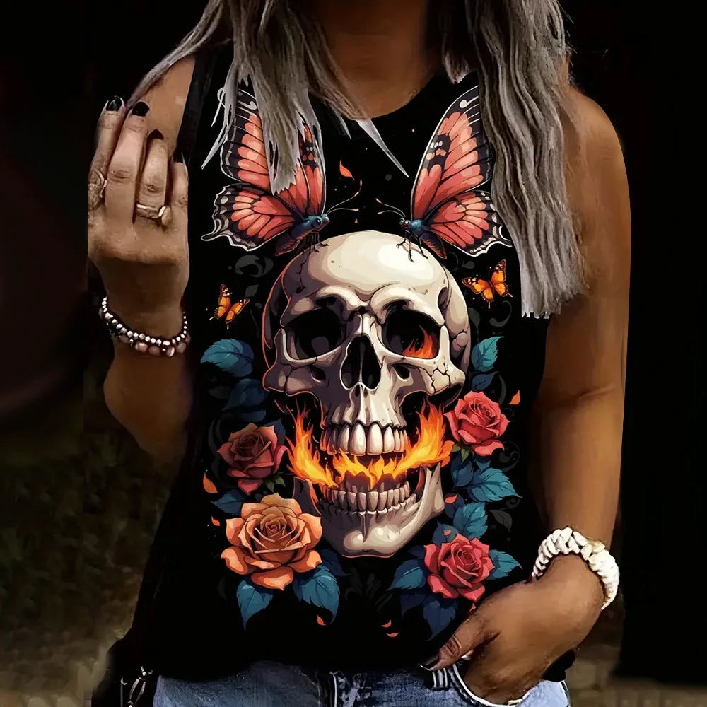 Summer Butterfly Skull 3D Print Tank Tops Women Hip Hop O-Neck Casual Vest Off Shoulder Y2k Sleeveless Camisole Woman Clothing