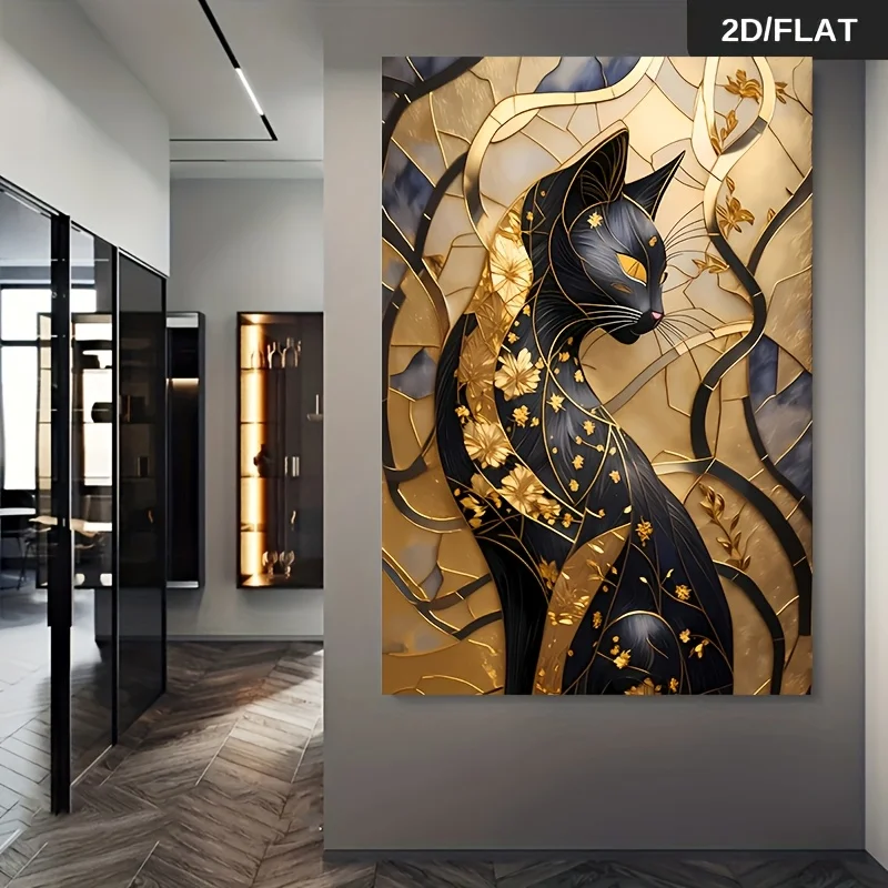Modern Abstract Black Cat with Golden Accents Canvas Art Print, Frameless Wall Decor for Living Room & Bedroom, Elegant Home Dec