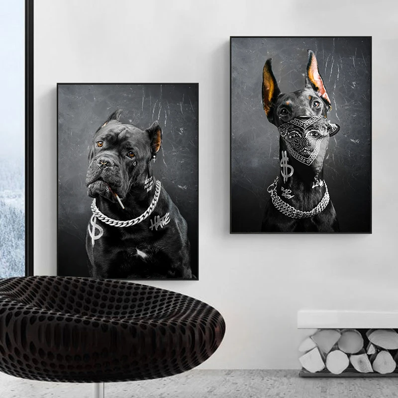 Fashion Black Doberman Dog Graffiti Poster Canvas Painting Modern Animal Wall Art Picture for Living Room Home Decor No Frame