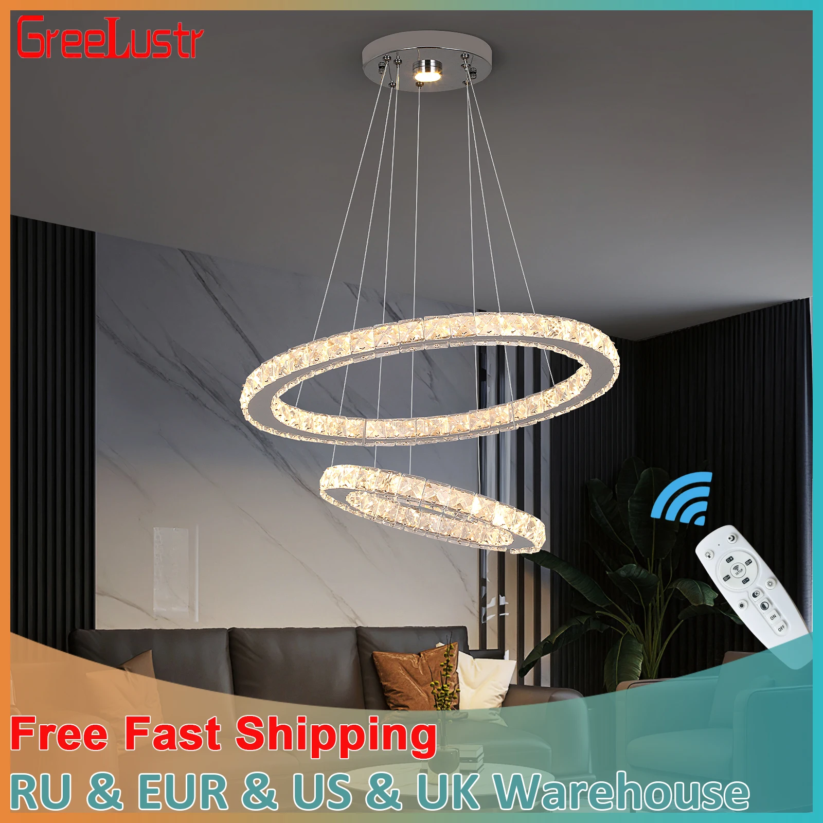 Modern Led Pendant Light Luxury Crystal Rings Dimmable Chandelier Hanging Lustre Ceiling Lamp Living Dining Room Decor Fixture
