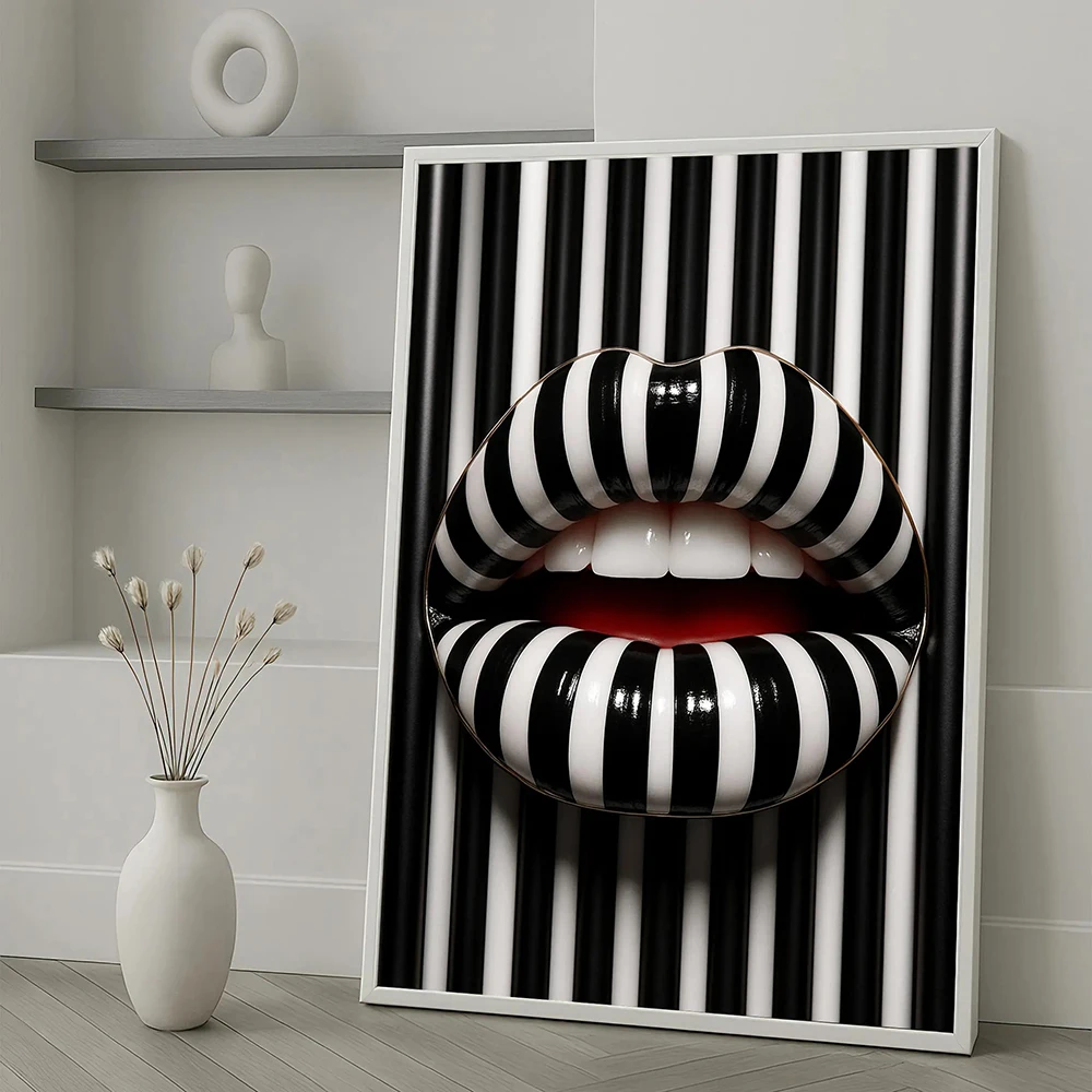 Striped Lips Canvas Painting Black White Pop Wall Art Bold Abstract Lip Picture Modern Fashion Home Decor Canvas Poster Print