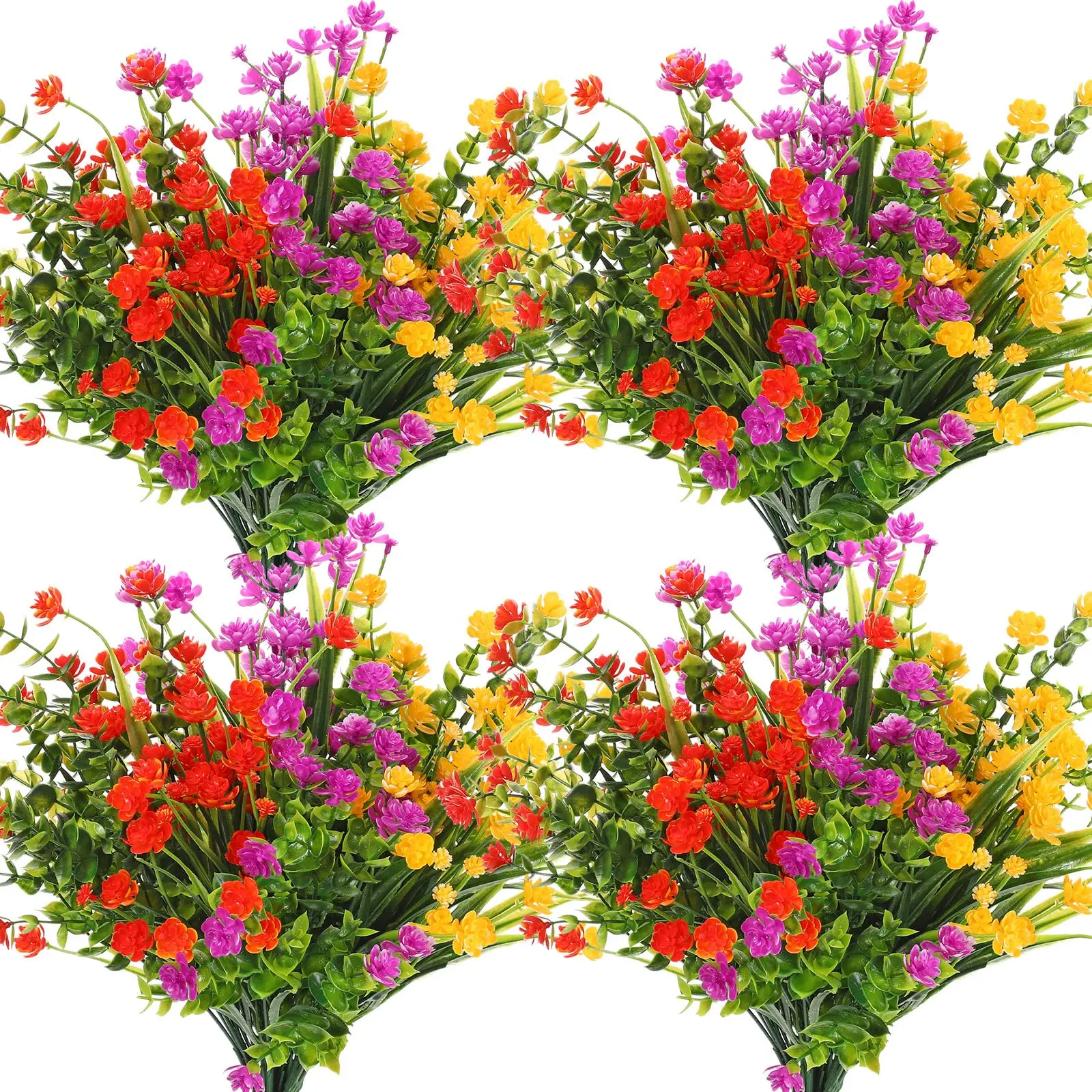 4 Bundles Artificial Plants UV Resistant Faux Bushes Plastic Flowers Home Farmhouse Wedding Outdoor Garden Porch Decor Plant