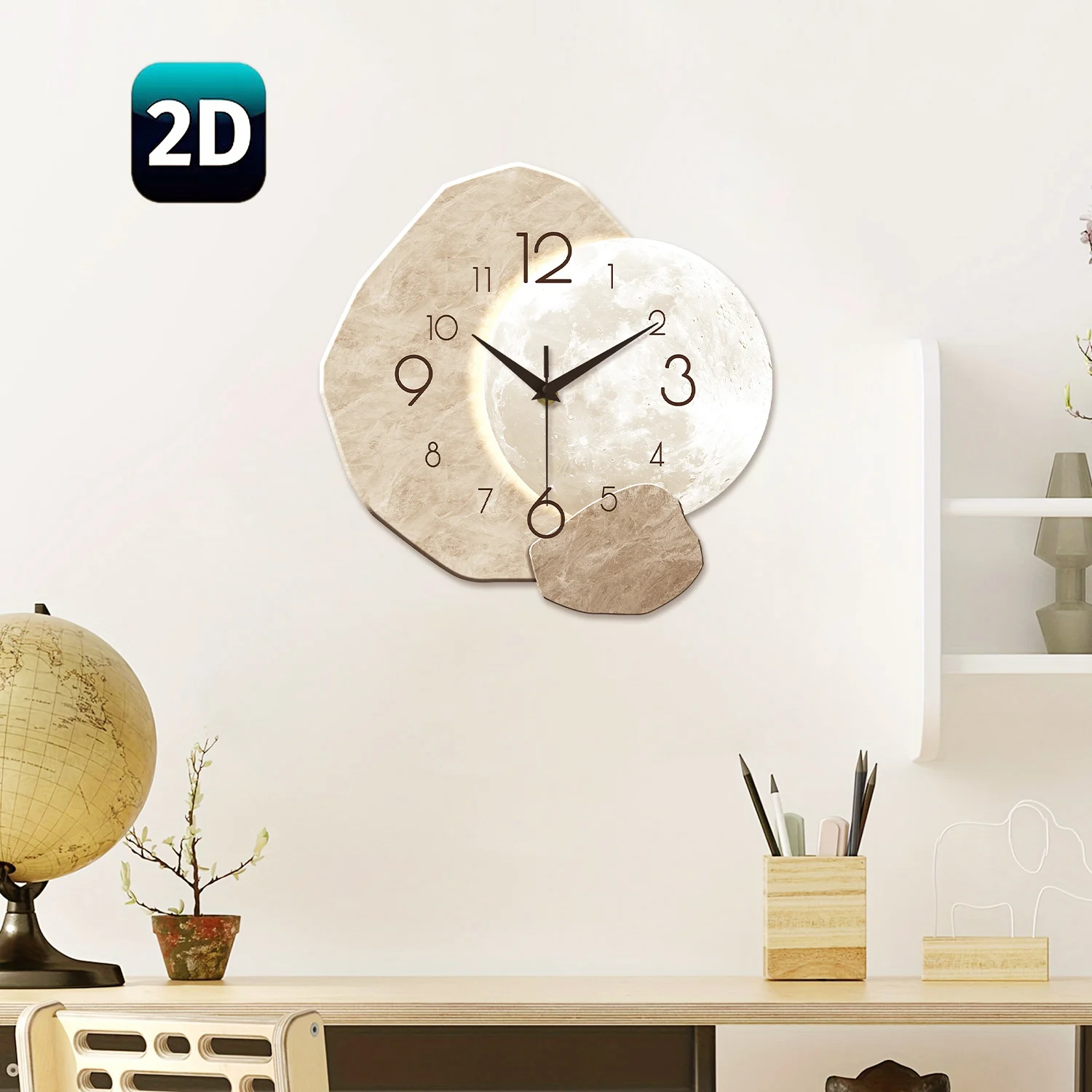 Modern Simple Silent Wall Clock, Moon Design - Quartz Movement, Wooden Material, for Bedroom, Living Room or Office Decoration