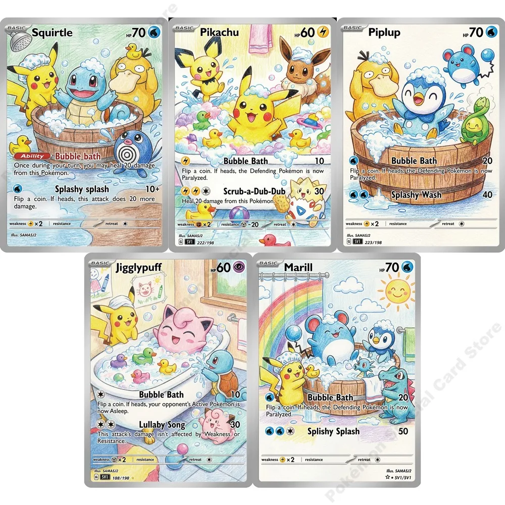 5Pcs Pokemon Cards Squirtle Piplup Jigglypuff Marill Take A Bath Series PTCG Collection Cards Rare Holo Cards Pokemon Gift