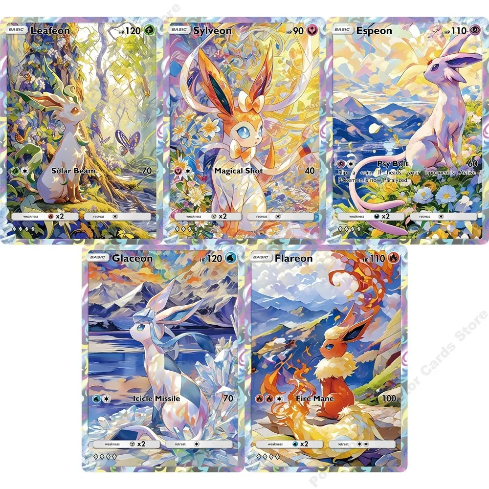 5Pcs Pokemon Cards Espeon Sylveon Leafeon Glaceon Flareon PTCG Cards Creativity Rare Holo Anime Collection Cards Pokemon Gift