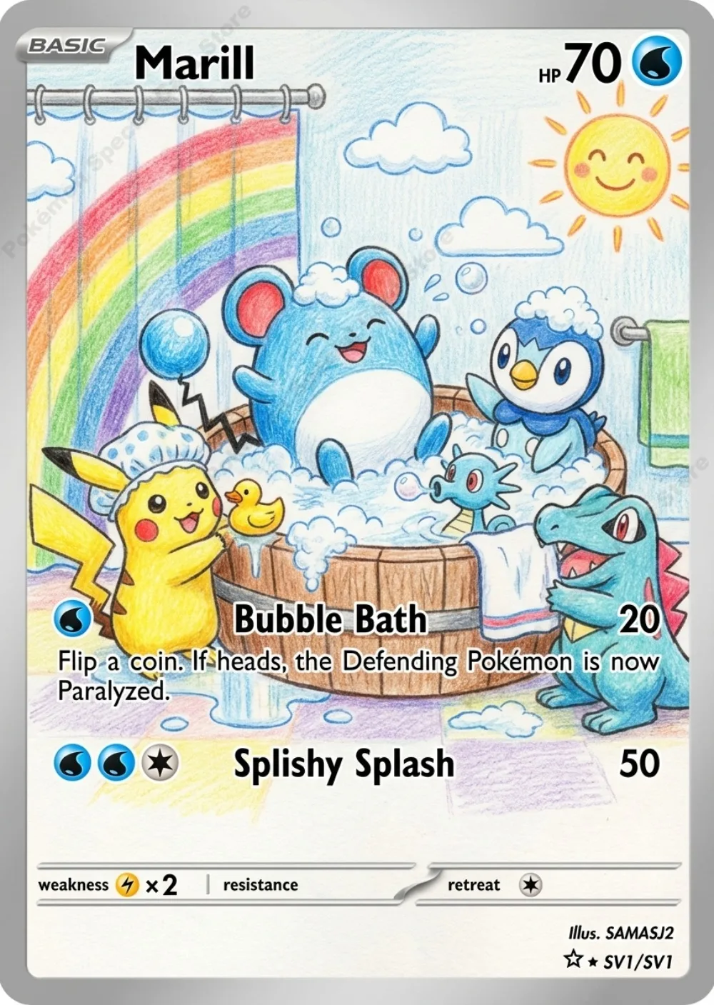 5Pcs Pokemon Cards Squirtle Piplup Jigglypuff Marill Take A Bath Series PTCG Collection Cards Rare Holo Cards Pokemon Gift - Image 4