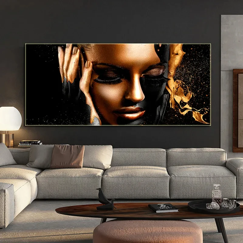 Luxury Black Gold African Woman Canvas Poster Elegant Abstract Portrait Art Painting Living Room Bedroom Home Wall Decor
