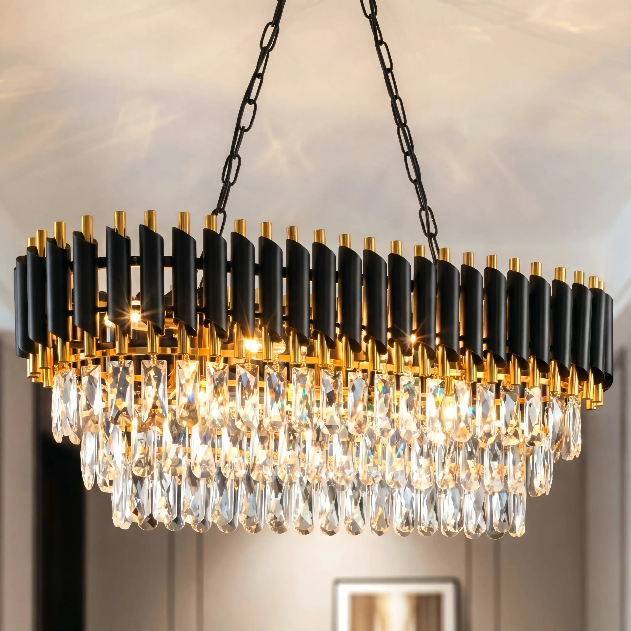 Modern Black & Gold Crystal Chandelier, 3-Tier K9 Oval Crystal Chandelier for Kitchen Island/Living Room/Bedroom/dining room