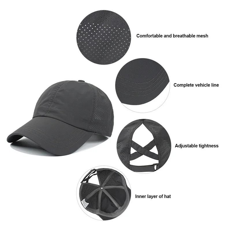 Summer Solid Color Baseball Caps Golf Wear Women Sport Leisure Cross Ponytail Hat Mesh Quick-Drying Half-Hollow Men's Peaked Cap - Image 3