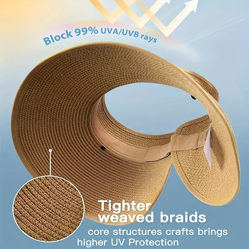 Women Summer Visors Hat Hat - Stylish and UV-Resistant for Outdoor HikingFoldable Sun Cap Wide Large Brim Beach Straw Hats Chape - Image 4