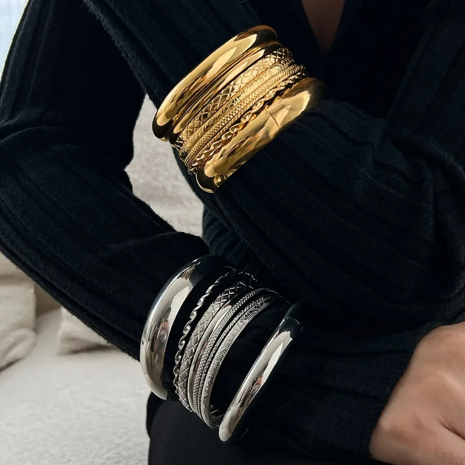 Iron Bracelets Set for Women Men Twist Texture Bangles Gold Silver Color Jewelry Statement Streetwear