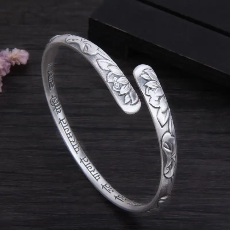 XIYANIKE Vintage Thai Silver Lotus Flower Cuff Bracelet For Women Girl Ethnic Fashion New Jewelry Party Lady Gift pulseras mujer - Image 4