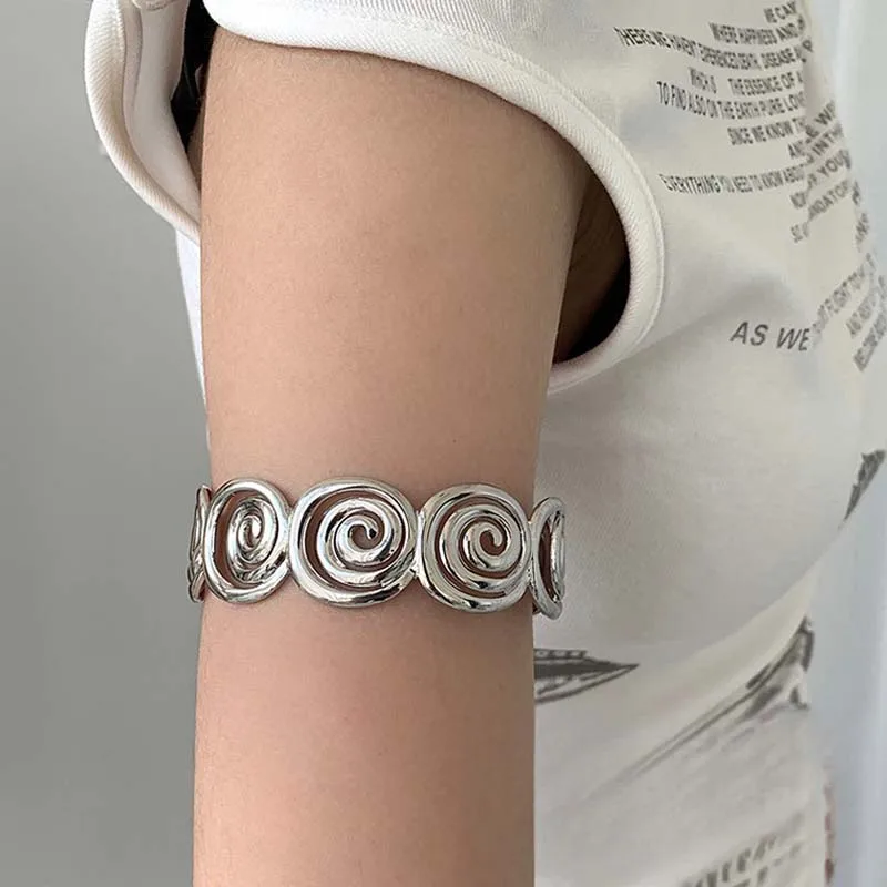 Punk Silver Color Geometric Spiral Arm Bracelet for Women Men Vintage Metal Open Adjustable Cuff Bangles Party Jewelry Gifts