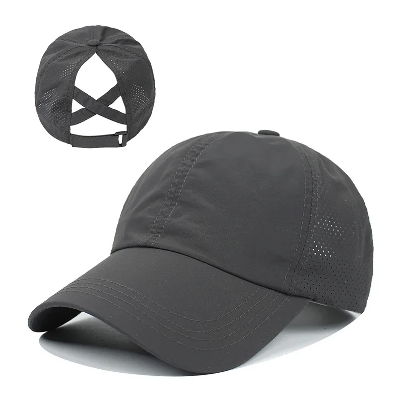 Summer Solid Color Baseball Caps Golf Wear Women Sport Leisure Cross Ponytail Hat Mesh Quick-Drying Half-Hollow Men's Peaked Cap - Image 4