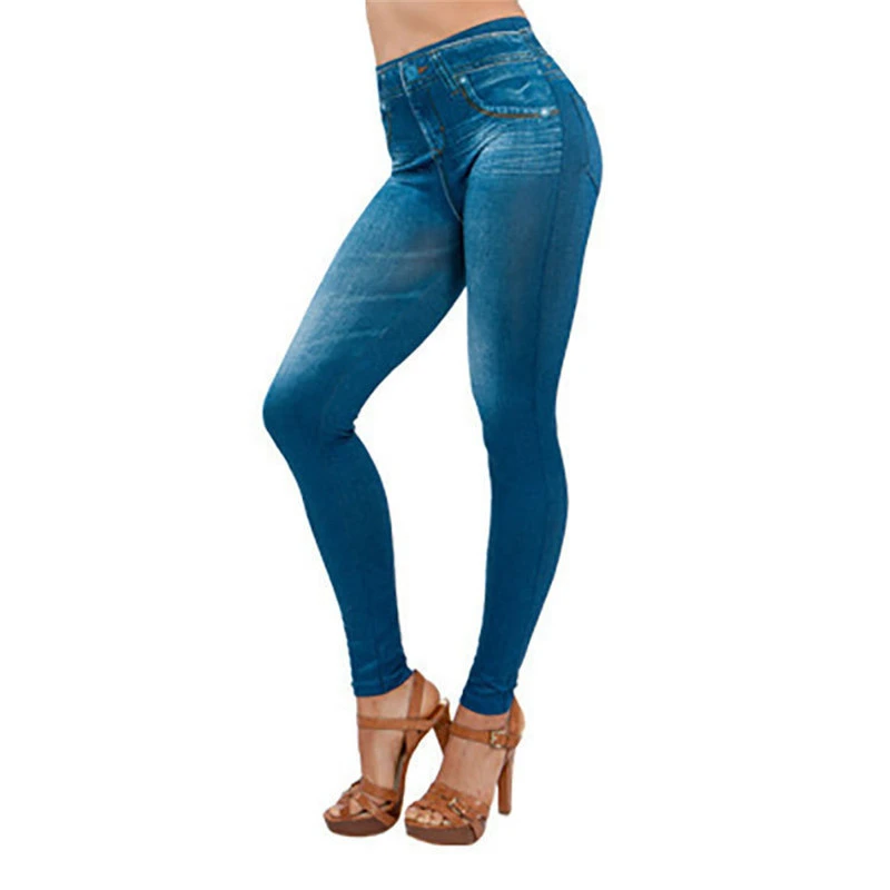 2024 Push Up Seamless High Waist Faux Denim Leggings Women Casual Elastic Pocket Jeans Print Pants Skinny Pencil Leggins Mujer - Image 4