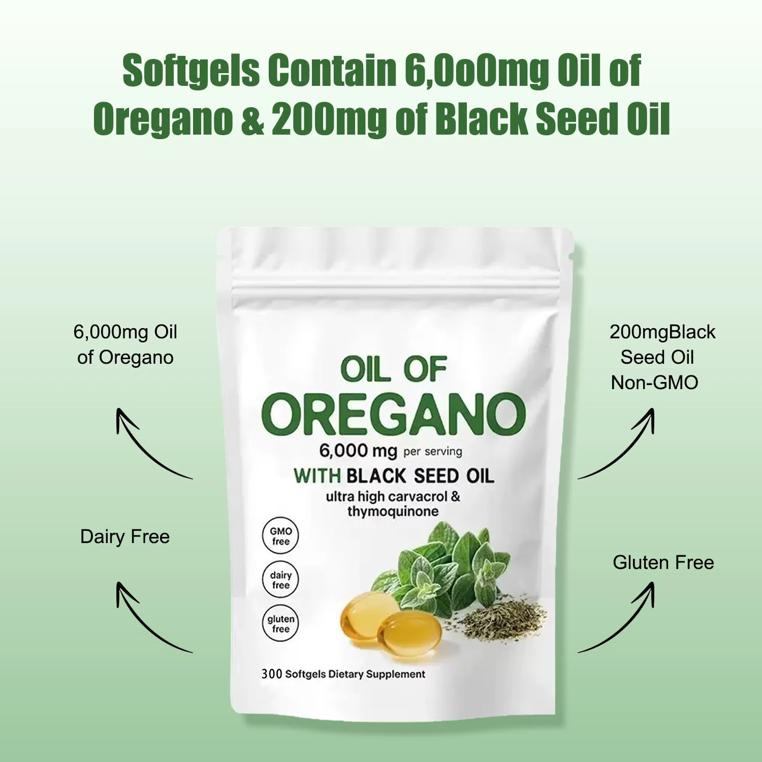 Oregano Oil & Black Seed Oil Herbal Softgels, All Natural Dietary Supplement 300 Capsules